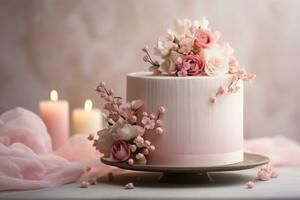 AI generated Valentine's Day cake decorated with flowers. Romantic love concept. Generative AI photo