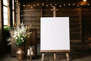 AI generated Wooden blank white easel mockup. Board for wedding inscription. Generative AI photo