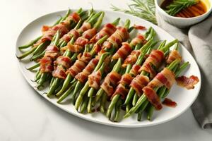 AI generated Grilled green asparagus wrapped with bacon. Bacon wrapped roasted green bean bundles in serving platter. Generative AI photo