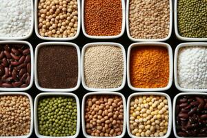 AI generated Top view of containers filled with a variety of grains and legumes. The organization and storage in a kitchen in containers. Generative AI photo