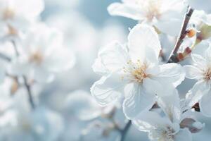AI generated Tree branch with blossoms on a snowy day. A winter blossom with glistening frost. Generative AI photo