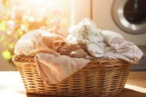 ai generado mimbre lavandería cesta con ropa en natural luz de sol. generativo ai foto