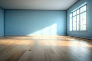 ai generado vivo habitación con luz de sol brillar mediante un corredizo puerta, de madera piso, azul pared. generativo ai foto