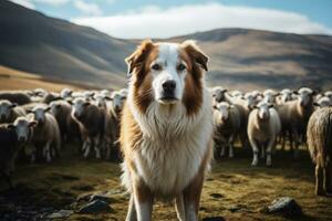 AI generated Shepherd dog guarding and leading the sheep flock on a summer day. Generative AI photo