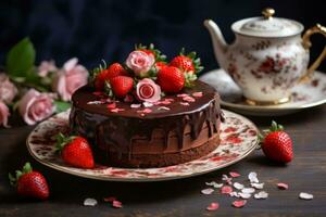 AI generated Delicious chocolate cake with fresh strawberry and flower decor. Generative AI photo