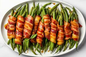 AI generated Grilled green asparagus wrapped with bacon. Bacon wrapped roasted green bean bundles in serving platter. Generative AI photo