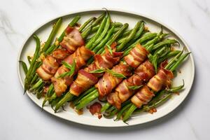 AI generated Grilled green asparagus wrapped with bacon. Bacon wrapped roasted green bean bundles in serving platter. Generative AI photo