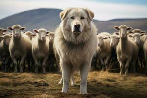 AI generated Shepherd dog guarding and leading the sheep flock on a summer day. Generative AI photo