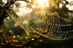 AI generated Cold dew condensing on a spiderweb with morning light rays in the background. Generative AI photo