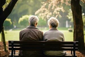 AI generated Back view of an elderly couple sitting on a bench in the park. Generative AI photo