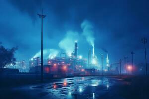 AI generated Huge factory in mist. Industrial plant polluting the atmosphere. Industry landscape. Generative AI photo