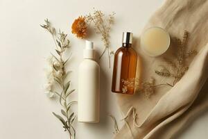 AI generated Products for hair and skin care in white and amber colors. Minimalist nature compositions. Generative AI photo