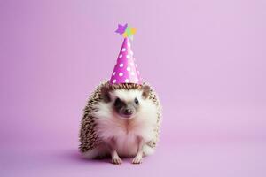 AI generated Hedgehog in party cone hat on pastel background. Creative animal concept. Generative AI photo