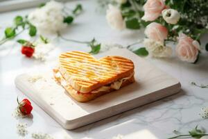 AI generated Heart shaped grilled sandwich in a kitchen with white marble countertops. Generative AI photo