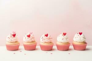 AI generated Cupcakes with decorations, with cream cheese and frosting for Valentine's day. Generative AI photo