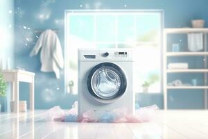 AI generated Modern washing machine in laundry room with clothes. Generative AI photo