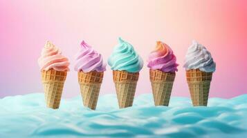 AI generated Five different flavored ice creams in cones against a gradient pink-blue background. With copy space. Ideal for dessert menus, promotions, advertising sweet treats, food blogs photo