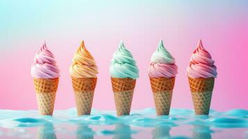 AI generated Five different flavored ice creams in cones against a gradient pink-blue background. With copy space. Ideal for dessert menus, promotions, advertising sweet treats, food blog photo