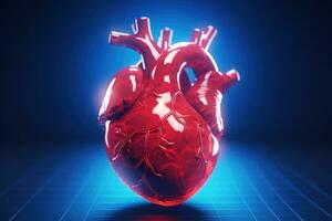 AI generated A realistic model of a human heart showcased against a blue grid background. Ideal for educational, medical, and scientific visual content. photo