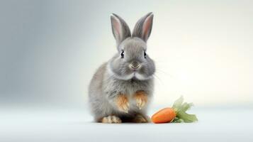 AI generated Grey Rabbit with Fresh carrot and lettuce on light gradient background. Cute fluffy bunny. Easter concept. Ideal for pet food advertisements, educational content, veterinary or animal photo