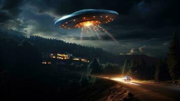 AI generated UFO with radiant lights hovering over road under night sky. Futuristic alien spaceship. Copy space. Ideal for projects exploring extraterrestrial themes, science fiction, and unknown photo