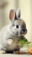 AI generated Grey Rabbit with Fresh carrot and lettuce on light gradient background. Cute fluffy bunny. Easter concept. Ideal for pet food advertisements, educational content, veterinary or animal photo