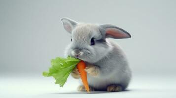 AI generated Grey Rabbit with Fresh carrot and lettuce on light gradient background. Cute fluffy bunny. Easter concept. Ideal for pet food advertisements, educational content, veterinary or animal c photo