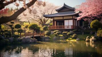 AI generated Beauty of a Japanese garden, where cherry blossoms bloom, flows clear river, a stone path leads to a tea house. The harmony of nature and architecture is the backdrop for traditional tea photo