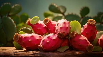 ai generado Fruta espinoso pera. todo rojo frutas en verde antecedentes de hojas y gotas. macro. exótico dulce Fruta de Opuntia cactus. vegano eco postre. supermercado, publicidad, restaurante, menú foto