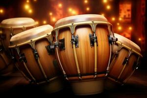 AI generated Conga drums arranged on a stage under dramatic lighting ready for a concert. Traditional percussion musical instrument of Afro-Cuban. Bright performance. photo