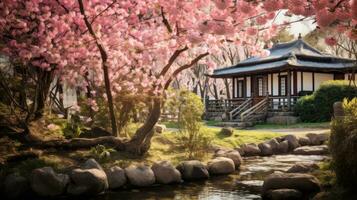 AI generated Beauty of a Japanese garden, where cherry blossoms bloom, flows clear river, a stone path leads to a tea house. The harmony of nature and architecture is the backdrop for traditional photo