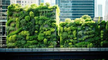 ai generado vertical jardín a el corazón de un vibrante urbano ambiente. alto rascacielos, el paredes de cuales son decorado con cascadas de verdor. verde oasis, armonía con natur foto