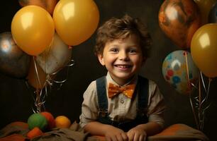 ai generado un sonriente pequeño chico con globos en el mesa foto
