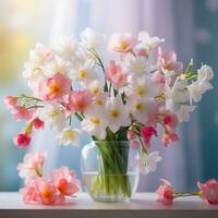 AI generated A stunning capturing the essence of spring with an artfully arranged bouquet of vibrant flowers photo
