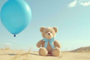 AI generated a bear sits next to blue gifts baby photo