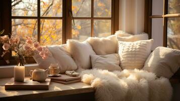 AI generated Cozy winter weekend morning with fluffy slippers, photo
