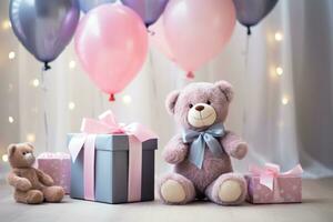AI generated birthday with a bear holding gift and balloons photo