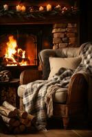 AI generated Cozy winter background with a crackling fireplace, plush blankets photo