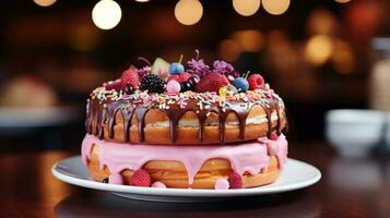 AI generated decadent birthday cake adorned with colorful icing and toppings, a culinary masterpiece with copy space. photo