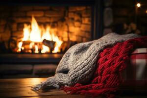 ai generado acogedor invierno antecedentes con un chicharrón chimenea, felpa mantas foto