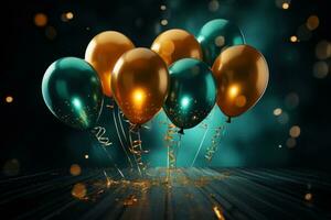 AI generated four birthday balloons on a dark table with fireworks exploding and sparkling photo