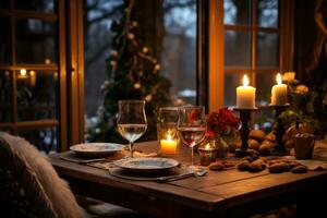 ai generado acogedor cena, rústico decoración, velas, y el alegría de festivo invierno sabores foto