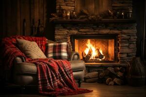 AI generated Cozy winter background with a crackling fireplace, plush blankets photo