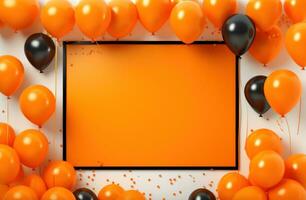 AI generated empty black frame with balloons on the orange background banner photo