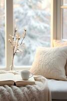 AI generated Winter aesthetic morning, warm knits, book, and a window view of snowy landscapes photo