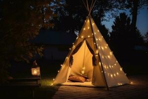 ai generado linda tipi tienda en el Noche foto