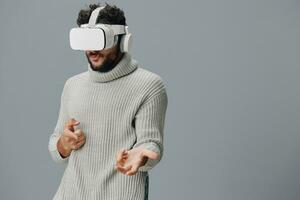 Man person background modern technology cyber vr game simulation innovation virtual reality glasses photo