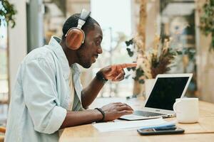 Adult men communication businessman business working listening online laptop headphones male table photo