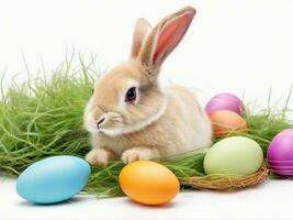 AI generated Easter bunny and easter eggs on grass isolated on white background photo