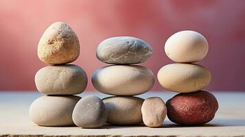 AI generated Meditation Rock Stack Poise Stones for Serenity and Mindfulness Simple Harmony Five Stones on White Background for Tranquility Stone Cairn for Peaceful Wellness Background photo